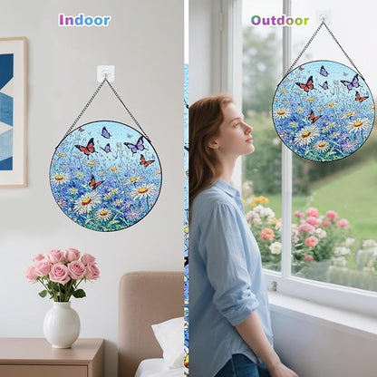 Butterfly Stained Glass Suncatcher,7.8in Butterfly Suncatcher for Window Hanging,Hand Chrysanthemum Suncatcher Window Decoration,Butterfly Home Decor for Indoor Window