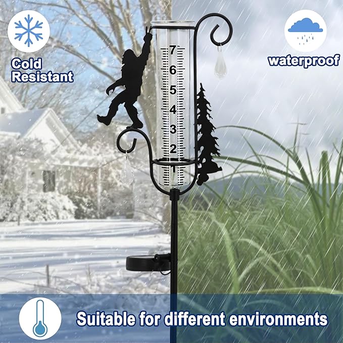 J-Fly Solar Light Rain Gauge, Black Metal Sasquatch Design with Glass Tube, 7 Inch Decorative Garden Stake for Outdoor Weather Measurement, Yard Decor