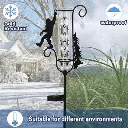 J-Fly Solar Light Rain Gauge, Black Metal Sasquatch Design with Glass Tube, 7 Inch Decorative Garden Stake for Outdoor Weather Measurement, Yard Decor
