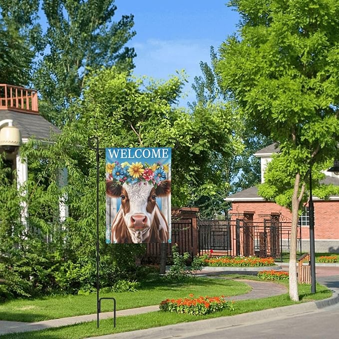 Floral Cow Garden Flags 12×18 Inch Welcome Double Sided Decorative Yard Banner Seasonal Flag for Outdoor Outside Decor