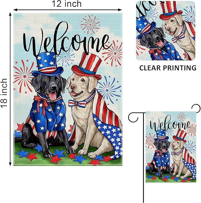 Welcome 4th of July Dog Patriotic Decorative Garden Flag, America USA Black Labrador Puppy Stars Stripes Yard Outside Decorations, American Summer Outdoor Small Home Decor Double Sided 12 x 18