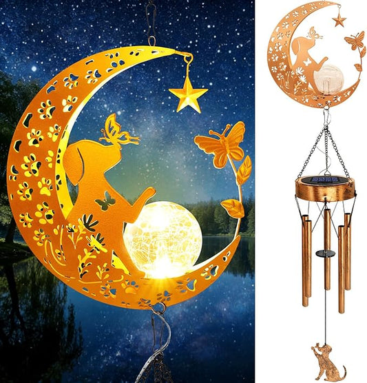 Solar Moon Dog Wind Chimes for Outside, Dog Lover Gifts for Mom Women Men Birthday Mothers Day, Hanging Outdoor Decor Cracked Glass Ball Memorial Wind Chimes for Garden Patio Porch