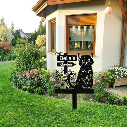 Personalized Metal Cat Garden Signs with Stake, Custom Garden Signs for Outside Waterproof, Customized Name Sign Yard Lawn Gardens Decor Gardening Gifts for Moms Grandmas Gardeners
