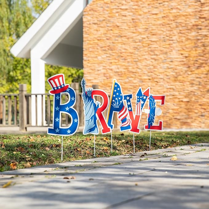 Glitzhome 43.2"H Metal Patriotic BRAVE Garden Yard Stake, Set of 5 American National Day Yard Sign Wall Decor for USA Patio Lawn Porch 4th of July Indoor Outdoor Decorations
