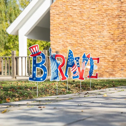 Glitzhome 43.2"H Metal Patriotic BRAVE Garden Yard Stake, Set of 5 American National Day Yard Sign Wall Decor for USA Patio Lawn Porch 4th of July Indoor Outdoor Decorations