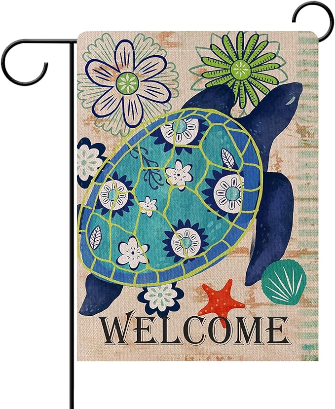 Dyrenson Home Decorative Welcome Quote Outdoor Turtle Beach Garden Flag Double Sided, Tropical Ocean House Yard Flag, Rustic Coastal Garden Yard Nautical Sea Decorations, Seasonal Outdoor Flag 12 x 18