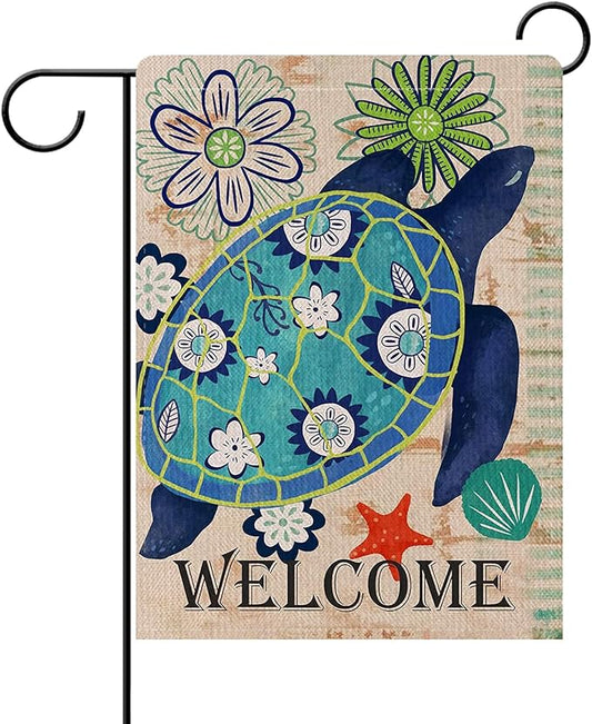 Dyrenson Home Decorative Welcome Quote Outdoor Turtle Beach Garden Flag Double Sided, Tropical Ocean House Yard Flag, Rustic Coastal Garden Yard Nautical Sea Decorations, Seasonal Outdoor Flag 12 x 18