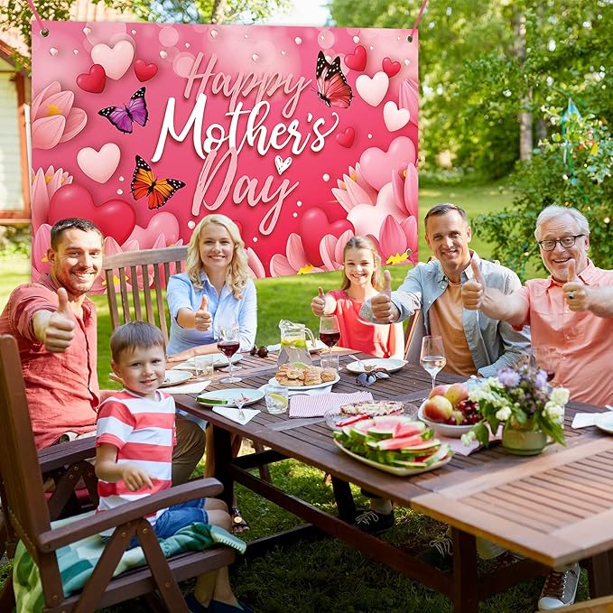 Large Happy Mother's Day Banner Decorations Mothers Day Flag Outdoor 71x44 Inch,Mom Gifts for Indoor Home House Decor Party Supplies,Yard Sign Background for Photography, Red Pink Heart Flowers