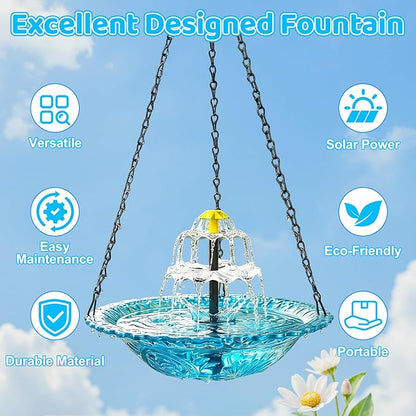 Hanging Solar Bird Bath Fountain, 3 Layers Outdoor Cascading Bird Bath with Solar Pump, 3 Nozzles & Blue Glass Bowl, Attracts Wild Birds for Garden, Backyard, Pergola