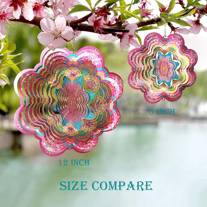 FONMY Wind Spinner 3D Stainless Steel by Laser Cut Indoor/Outdoor Garden Decoration Crafts Ornaments Kinetic Yard Art Decorations 6 inches Pink Flower Mandala Wind Spinners