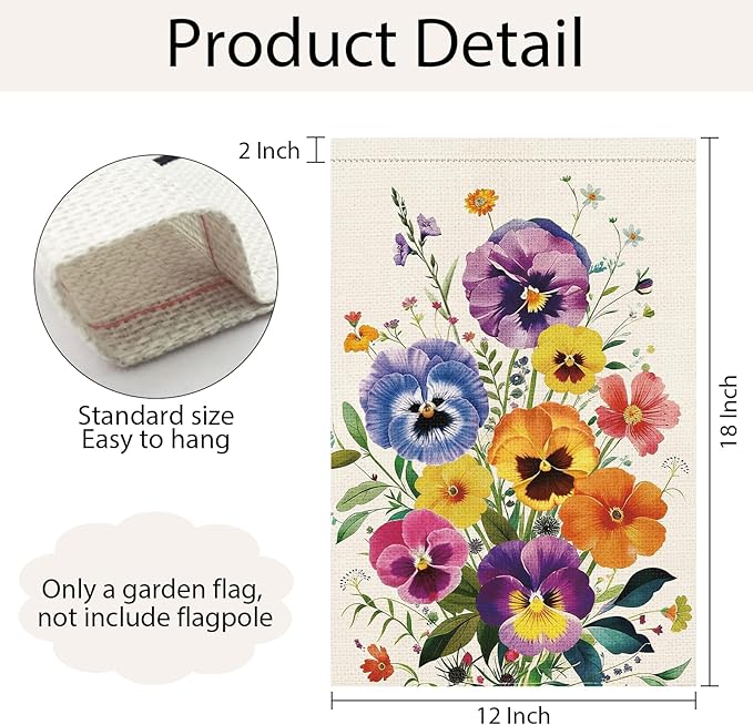 Spring Summer Pansy Flower Garden Flag 12x18 Inch Double Sided Burlap, Floral Seasonal Yard Sign Home Outdoor Decoration