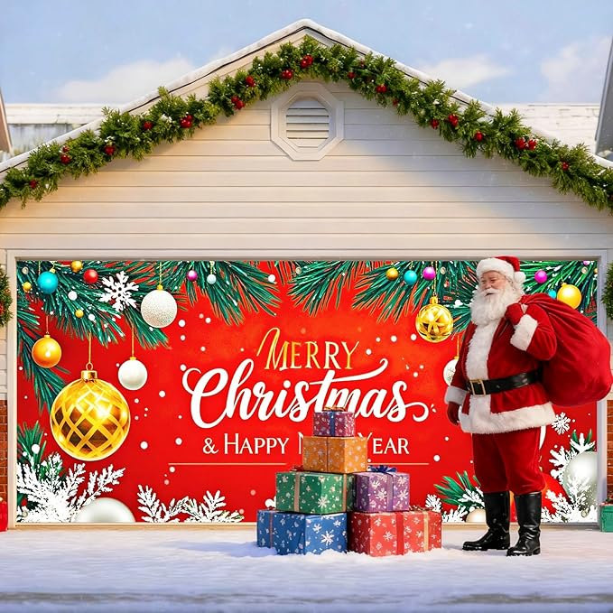 IVN Christmas Garage Door Cover Decoration 13x6ft Gold and White Baubles Red Snowflake Design Merry Christmas Winter Garage Door Banner Home Door Front Yard Decor for Xmas Eve Holiday Outdoor