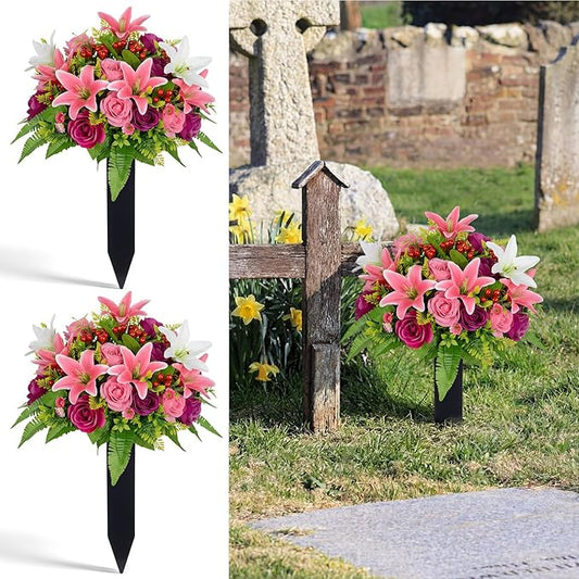 Frienda 2 Sets Cemetery Flowers Grave Stake Metal Floral Decor for Tombstone, Outdoor Gravesite Markers for Mom Dad, Memorial Day Spring Easter Grave Decor(Lily Rose,Pink,White)