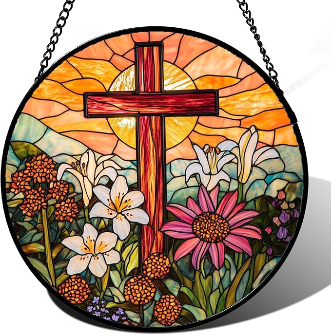 Christian Gifts for Women - Cross Stained Glass Window Hanging Easter Flower Sunset Landscape Sun Catcher Garden Religion Decor Mother's Day Catholic Gift for Men Grandma Mom Her Nana 9.8"