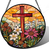 Christian Gifts for Women - Cross Stained Glass Window Hanging Easter Flower Sunset Landscape Sun Catcher Garden Religion Decor Mother's Day Catholic Gift for Men Grandma Mom Her Nana 6.3"