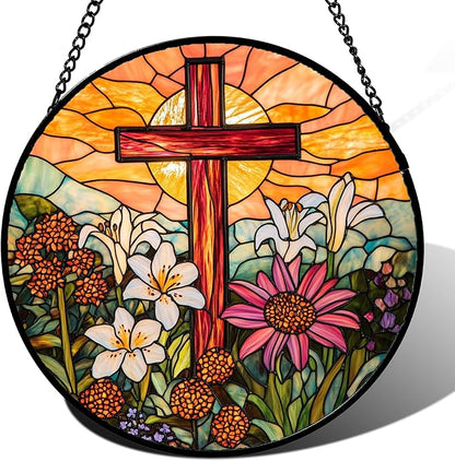 Christian Gifts for Women - Cross Stained Glass Window Hanging Easter Flower Sunset Landscape Sun Catcher Garden Religion Decor Mother's Day Catholic Gift for Men Grandma Mom Her Nana 15"