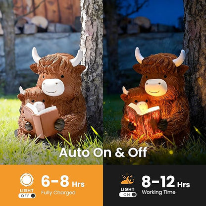 GIGALUMI Solar Highland Cow Decor 8" Garden Statue, Outdoor Decor, Decoration with Light for Patio Yard Lawn Balcony, Christmas/Birthday Gifts for Mom Women