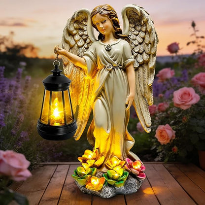 Solar Garden Statue Angel Figurine - Fairy Garden Angel Decor with Hanging Solar Lanterns and Succulent LED Lights for Balcony Patio Lawn Yard Ornaments, Mothers Day Gifts for Women Mom Grandma