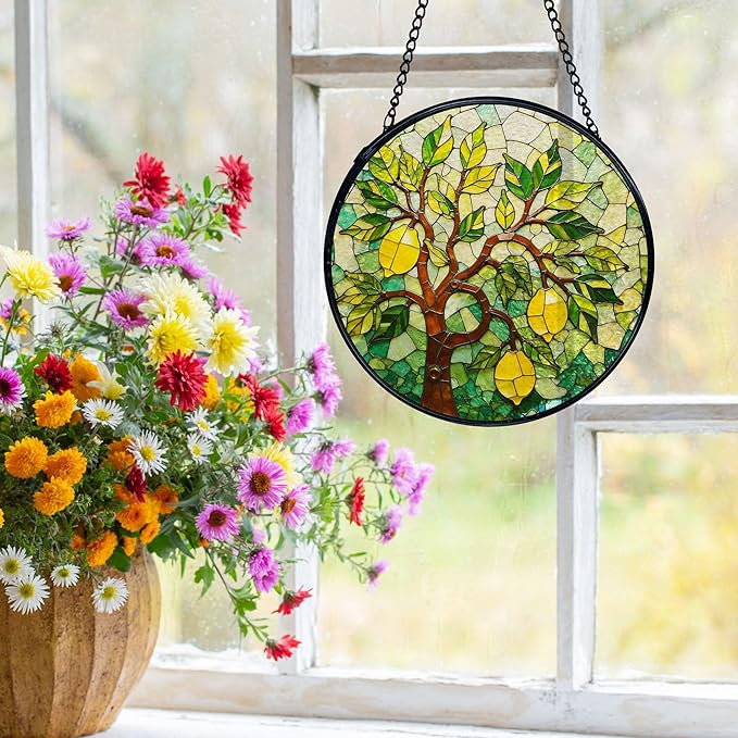 Italian Lemon Kitchen Suncatchers Stained Glass Window Hanging, Lemon Kitchen Decor, Summer Mediterranean Sun Catchers Indoor Window Glass Round Wall Decor, Italian Wall Hanging, 7.9x7.9in