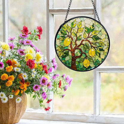 Italian Lemon Kitchen Suncatchers Stained Glass Window Hanging, Lemon Kitchen Decor, Summer Mediterranean Sun Catchers Indoor Window Glass Round Wall Decor, Italian Wall Hanging, 7.9x7.9in