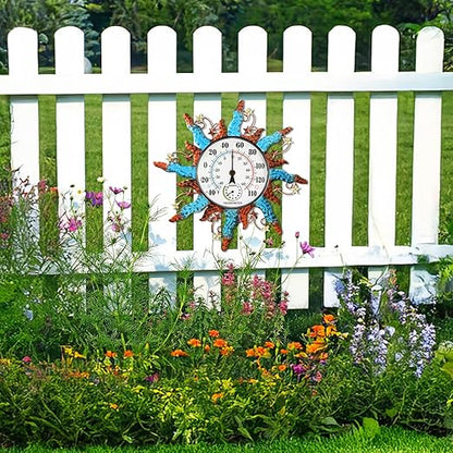 pealstar Waterproof Indoor Outdoor Thermometer 13 Inch Large Wall Thermometer with Hygrometer Decorative Metal Sun Outdoor Thermometers for Patio Garden Yard Living Room Decor