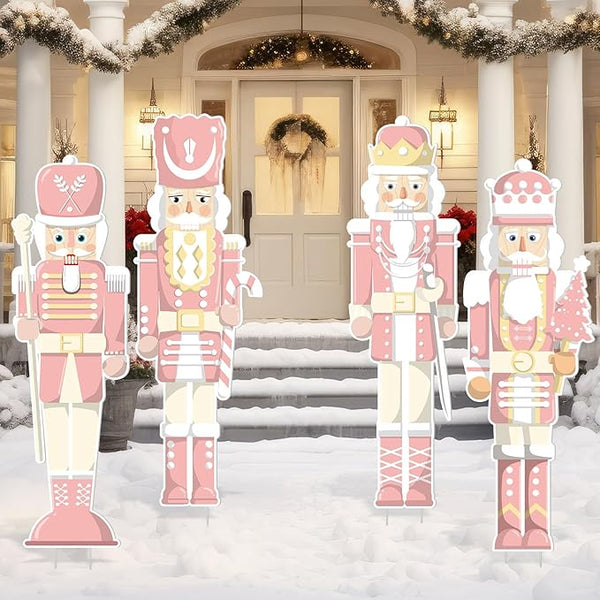 Geetery 4 Pcs Large Nutcracker Yard Sign with 16 Stakes 32 Inch Christmas Yard Decorations Outdoor Holiday Nutcracker Xmas Outside Lawn Decor for Garden Pathway Party(Pink,Cute)