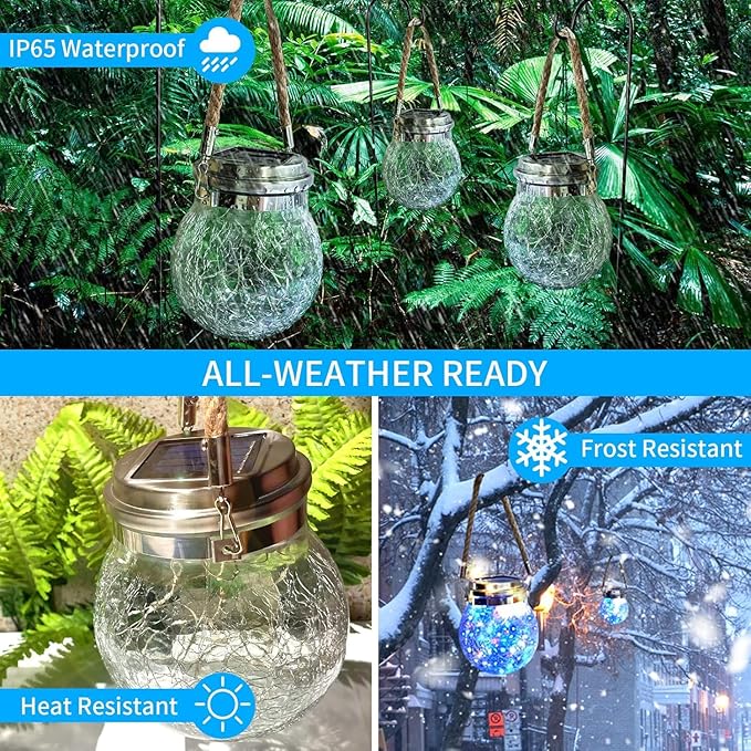 Hang Outdoor Solar Lights Waterproof, 2 Pack 30LED Cracked Glass Ball Decorative Lanterns, Solar Powered Landscape with Handle for Yard Patio Fence House Holiday Decor, Birthday Gift for Women