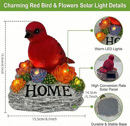 DECOUE Solar Garden Statue with Bird & “Home” Sign, Solar Bird Light Outdoor Decor with Warm LED Glow, Garden Decor for Outside Yard Patio Walkway, Decorative Garden Statue with Succulent Accents