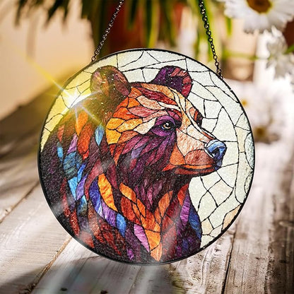 Bimkole Bear Stained Glass Suncatcher Window Hanging - Animals Design for Indoor Window or Doorway Decoration - 7.87x7.87 inch with Chain and Hook - Unique Home Decor Gift