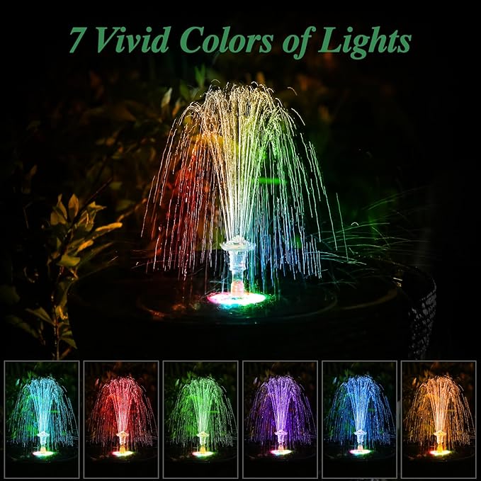 AISITIN 6.5W Solar Fountain Pump with Colorful LED Lights, 3000mAh Battery, Anti-Drift Brackets, 10 Nozzles, Remote Control, Solar Powered Bird Bath Fountain for Outdoor Garden Pond Fish Pond Backyard