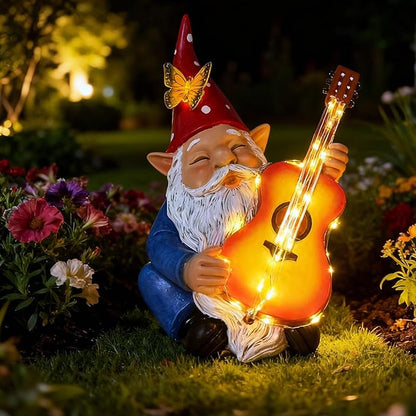 Funny Garden Gnome Statue Solar Hippie Gnomes Decorations Figurine Yard Ornament Gnome Playing Lighted Guitar LED Lawn Patio Porch Decor for Outdoor House Housewarming Gifts for Women