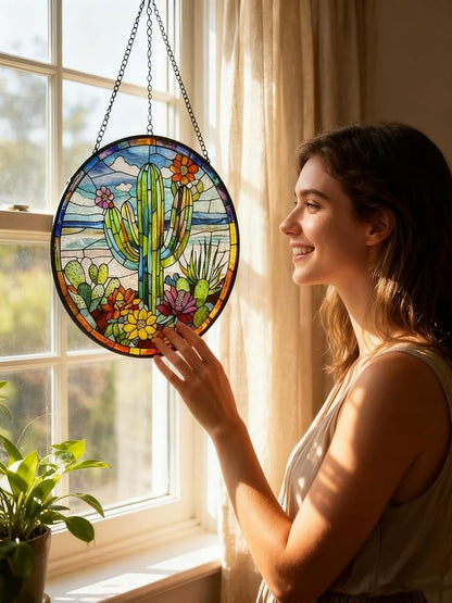 Stained Glass Window Hanging-Cactus Suncatcher Home Decor Ornament 7.9 in.Outdoor or Indoor, Garden,Living Room,Gifts for Women, Lovers, Couple, Friends