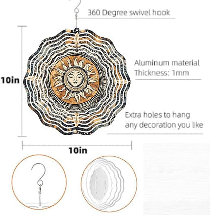 Sun Face Mandala 10" Wind Spinner Outdoor Metal Garden Art Celestial Patio Decoration Cosmic Design Yard Ornament Vibrant Hanging Sculpture
