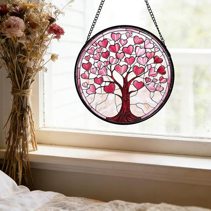 Stained Glass Window Hanging, Valentine's Day Gifts Pink Love Heart Tree Suncatcher Hangings Beige Sun Catchers Decor for Birthday for Women, Men, Wife, Aunt, Mom14.9 in