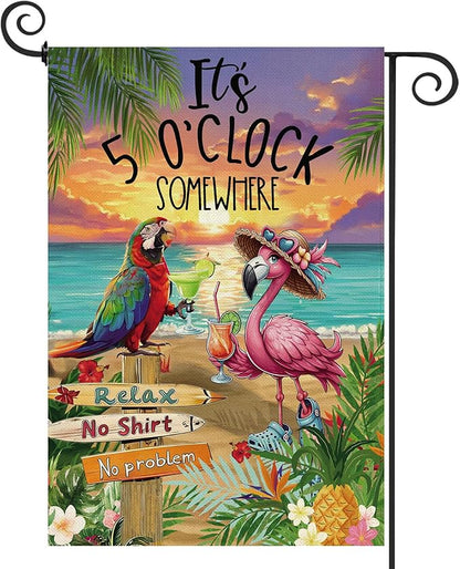 Baccessor Summer Garden Flag 12.5 x 18 Inch, Flamingo Its 5 O'Clock SOMEWHERE Double Sided Burlap Welcome Small Yard Flag Seasonal Holiday Lawn Proch Outdoor Outside Decor