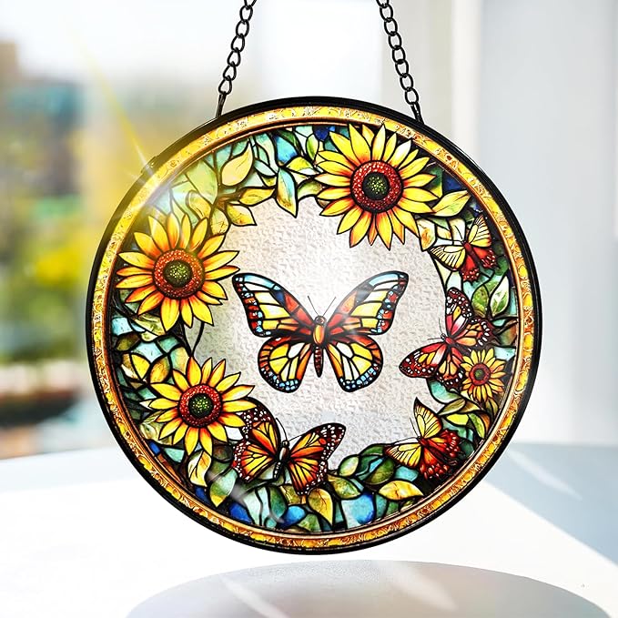 Bimkole Sunflower Stained Glass Suncatcher Window Hanging - Butterfly Design for Indoor Window or Doorway Decoration - 7.87x7.87 inch with Chain and Hook - Unique Home Decor Gift