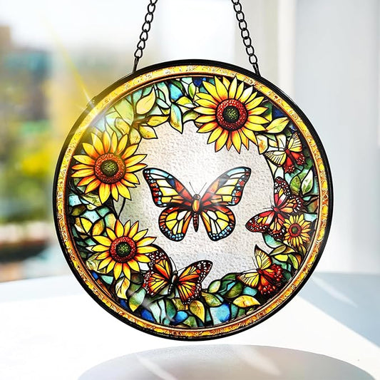 Bimkole Sunflower Stained Glass Suncatcher Window Hanging - Butterfly Design for Indoor Window or Doorway Decoration - 7.87x7.87 inch with Chain and Hook - Unique Home Decor Gift