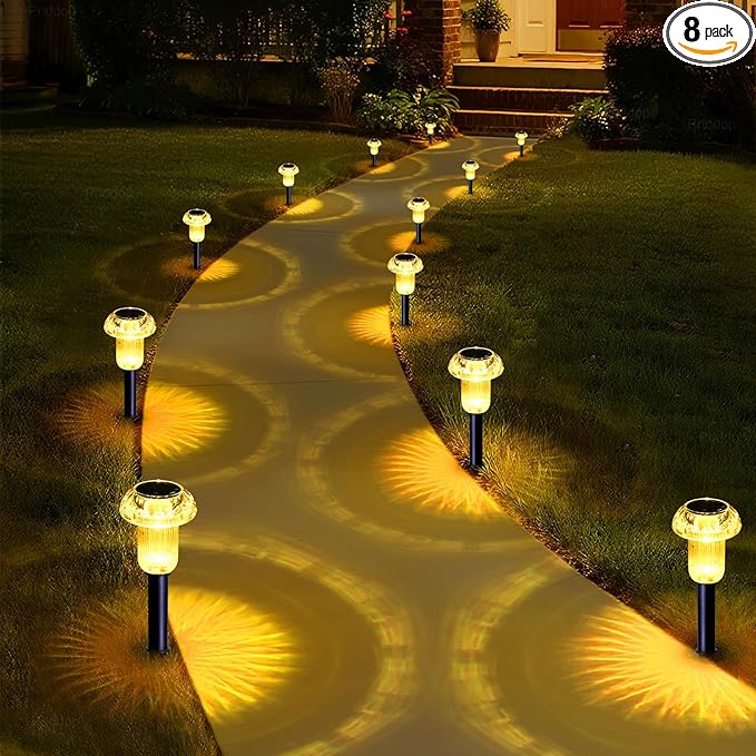 Priddop Solar Lights Outdoor Pathway Waterproof 8 Pack Warm White LED Acrylic Mushroom Decorative Garden Lights for Yard Landscape Patio Outside Decor