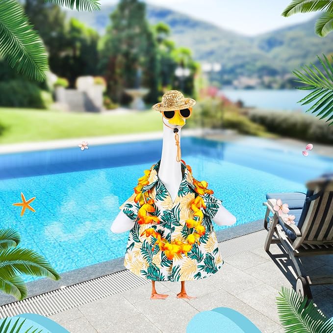 Hawaiian Porch Goose Outfits, 23" Goose Statue Hawaiian Costume Summer Porch Goose Outfits, Durable Hawaii Skirt Lawn Goose Clothes with Hat Glasses, Outdoor Yard Patio Garden Holiday Decor