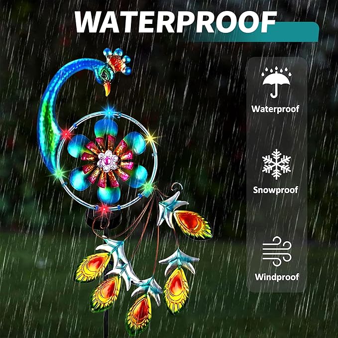 Wind Spinners Outdoor for Yard and Garden - Wind Sculptures & Spinners - 41 Inch Wind Spinner with Solar Powered Multi-Color Light for Yard Garden Backyard Lawn Peacock Decorations