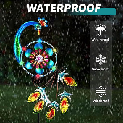 Wind Spinners Outdoor for Yard and Garden - Wind Sculptures & Spinners - 41 Inch Wind Spinner with Solar Powered Multi-Color Light for Yard Garden Backyard Lawn Peacock Decorations