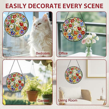 Flower Stained Glass Window Hanging, Suncatcher Diamond Glass Panel Hangings, Wildflower Colorful Sun Catchers Indoor Windows Wall Art, Gift for Mom Grandma, Christmas Decor for Home Office7.87 inches