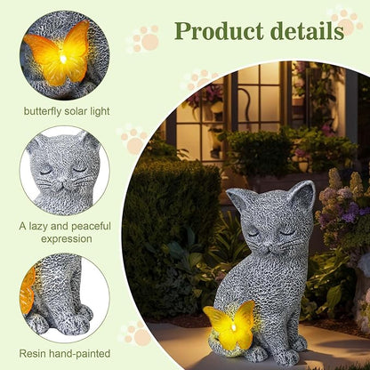Solar Cat Statue Garden Decor with Butterfly Light, Outdoor Decor Statues Yard Art Decorations Lawn Porch Patio Balcony, Gardening Gifts Birthday Choice for Cat Lover Women, Mom, Grandma