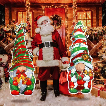 2 Pcs 32 Inch Christmas Decorations Outdoor Lighted Gnomes Decorative Garden Stakes Winter Large Christmas Yard Signs Outside Garden Yard Lawn Porch Holiday Party