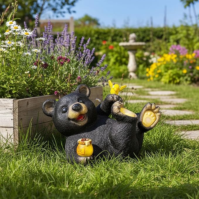 Solar Bear Garden Statues, Resin Garden Decor, Waterproof Black Bear Figurine,Solar Animals for Yard and Garden,Gifts for Mom, Women