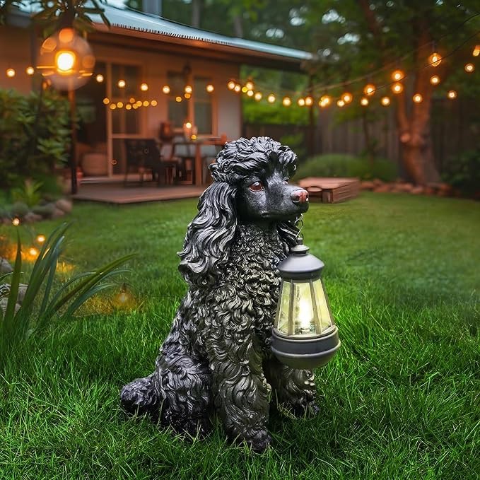 Poodle Garden Statue with Solar Lantern, Realistic Dog Sculpture, Birthday Gift for Women Mom Grandma, Housewarming Gift for New Home, Outdoor Resin Puppy Decor,Black
