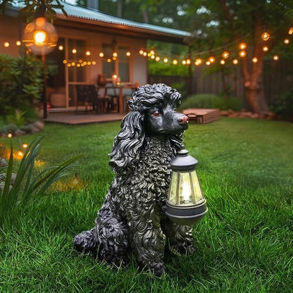 Poodle Garden Statue with Solar Lantern, Realistic Dog Sculpture, Birthday Gift for Women Mom Grandma, Housewarming Gift for New Home, Outdoor Resin Puppy Decor,Black