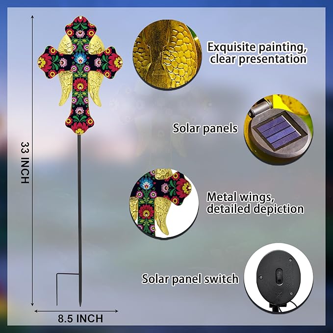 Solar Cross Lights with Angel Wings, Floral Design Outdoor Cemetery Decoration, Warm White LED Stake Light, Pink and Gold Glass Cross for Tombstone Memorial