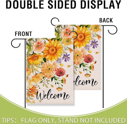 Artofy Welcome Spring Summer Flower Small Decorative Garden Flag, Watercolor Sunflower Daisy Floral Yard Lawn Outside Decor, Seasonal Burlap Outdoor Home Decoration Double Sided 12 x 18
