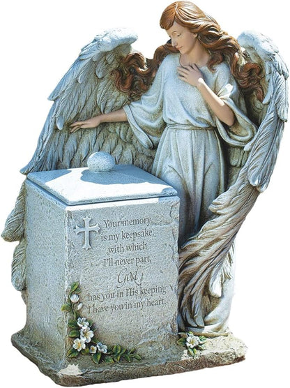 Joseph's Studio by Roman, 16” Memorial Box with Angel – Religious Garden Statue, Holy Family Keepsake, Patron Saint Outdoor Memorial Décor